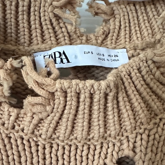 ZARA | Distressed Destroyed Knit Taupe Crew Neck Brown Tan Cotton Sweater - Picture 5 of 13